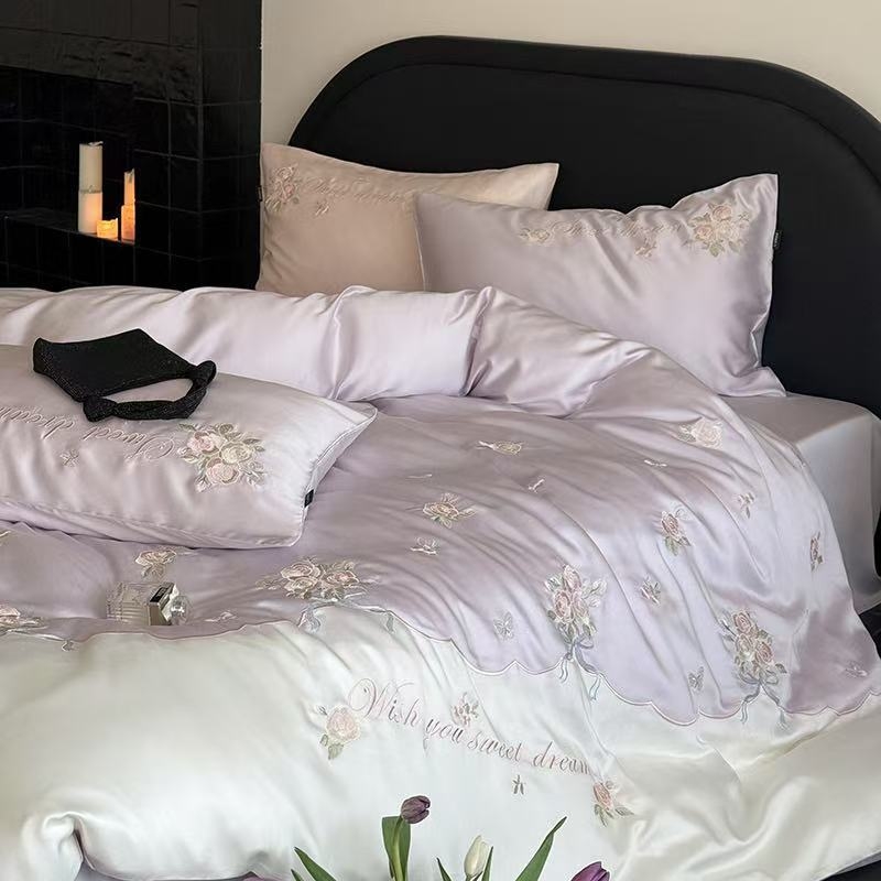 Lyocell négy darabos ágynemű készlet – egyszínű, szövés 100 szál, reaktív nyomtatás és festés, mosott szövés, rögzített lepedő-stílus