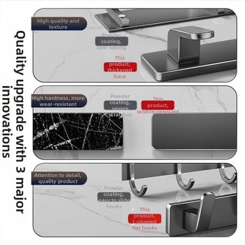 Be gręžimo sieninis drabužių kabykla, Space Aluminum, daugiaeilių su 3-8 kabliukais, šiuolaikiškas ir paprastas dizainas, apkrova 10-15 kg
