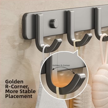 Sieninis lipnus kabykla iš kosminio aliuminio, kelių eilių kabliukų, be gręžimo, apkrova 5–10 kg, šiuolaikinis minimalistinis dizainas.