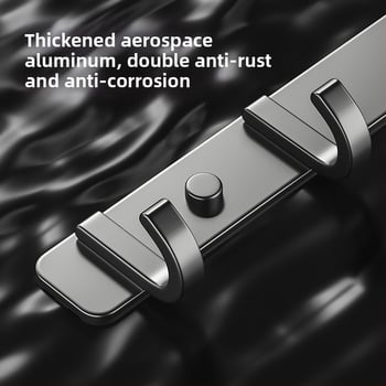 Sieninis lipnus kabykla iš kosminio aliuminio, kelių eilių kabliukų, be gręžimo, apkrova 5–10 kg, šiuolaikinis minimalistinis dizainas.