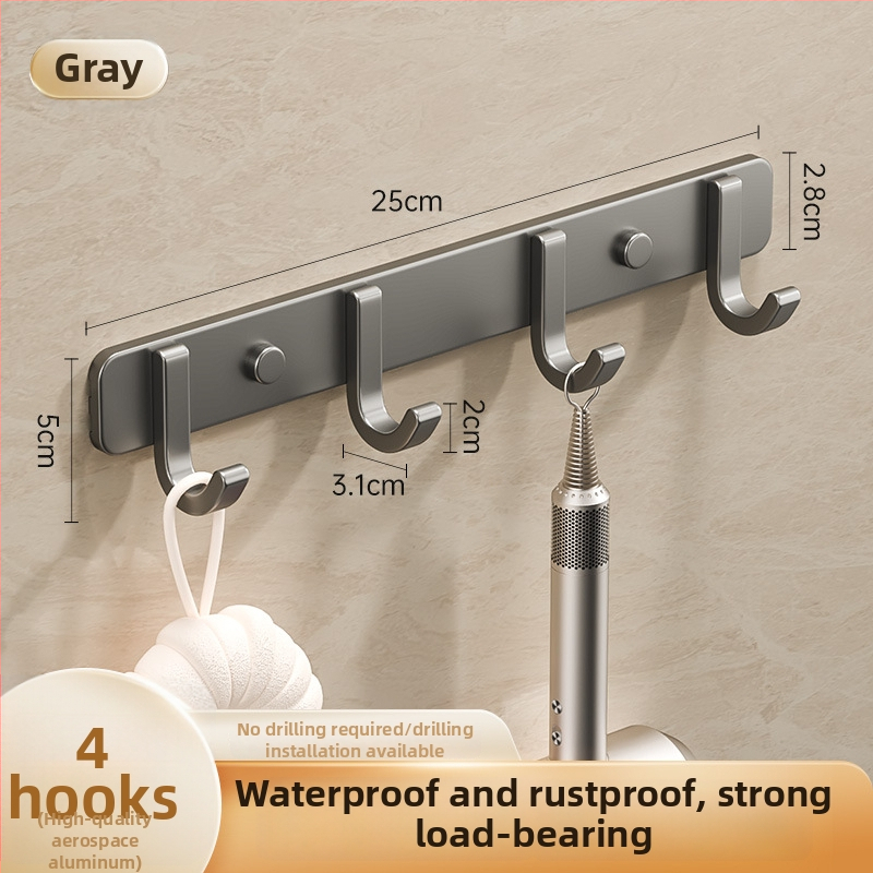 Sieninis lipnus kabykla iš kosminio aliuminio, kelių eilių kabliukų, be gręžimo, apkrova 5–10 kg, šiuolaikinis minimalistinis dizainas.