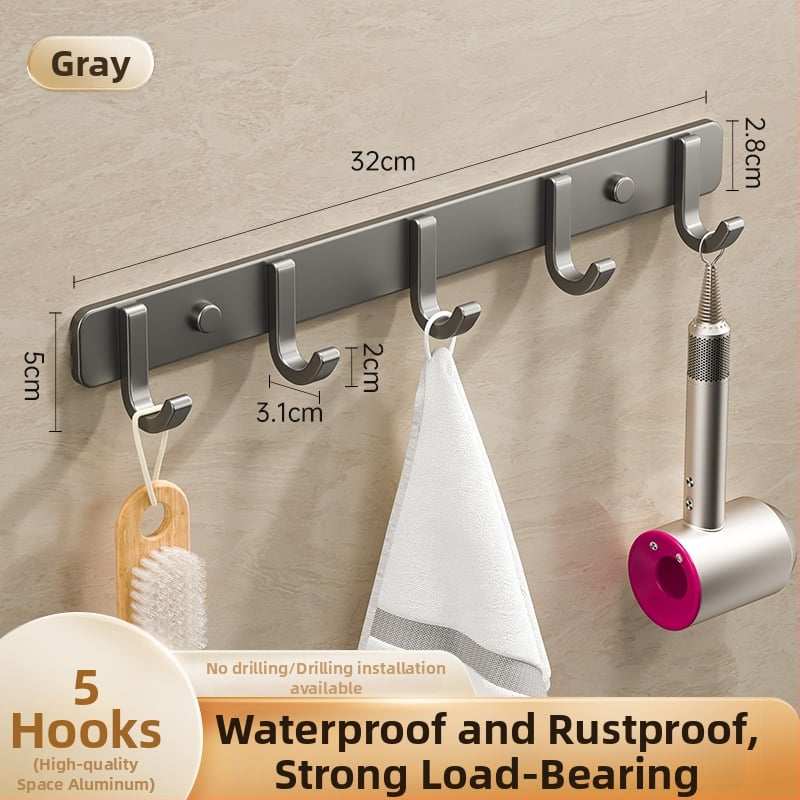 Sieninis lipnus kabykla iš kosminio aliuminio, kelių eilių kabliukų, be gręžimo, apkrova 5–10 kg, šiuolaikinis minimalistinis dizainas.