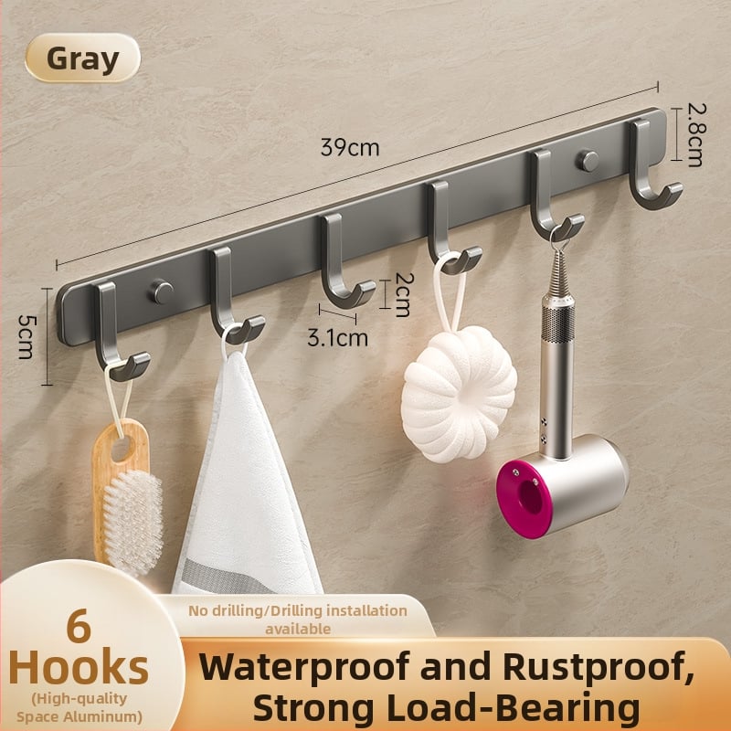 Sieninis lipnus kabykla iš kosminio aliuminio, kelių eilių kabliukų, be gręžimo, apkrova 5–10 kg, šiuolaikinis minimalistinis dizainas.