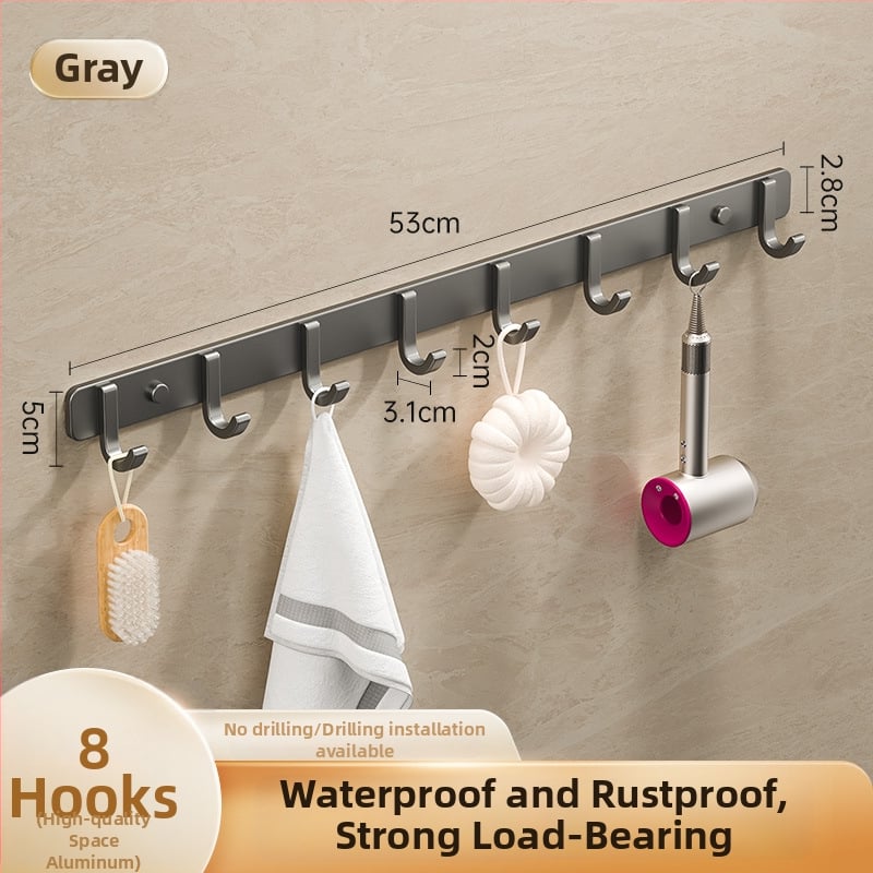 Sieninis lipnus kabykla iš kosminio aliuminio, kelių eilių kabliukų, be gręžimo, apkrova 5–10 kg, šiuolaikinis minimalistinis dizainas.