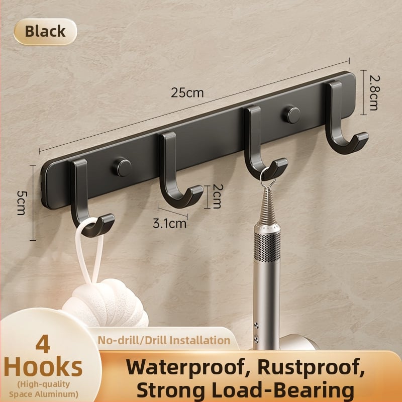 Sieninis lipnus kabykla iš kosminio aliuminio, kelių eilių kabliukų, be gręžimo, apkrova 5–10 kg, šiuolaikinis minimalistinis dizainas.