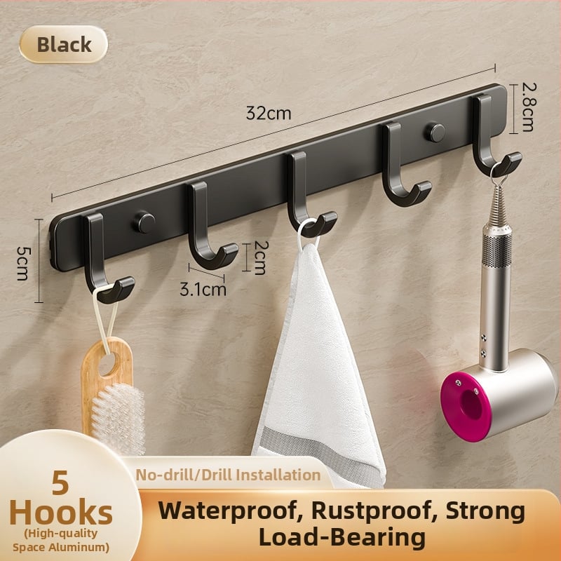 Sieninis lipnus kabykla iš kosminio aliuminio, kelių eilių kabliukų, be gręžimo, apkrova 5–10 kg, šiuolaikinis minimalistinis dizainas.