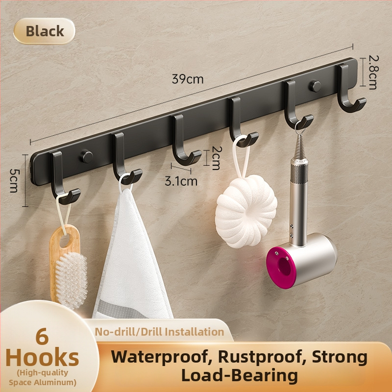 Sieninis lipnus kabykla iš kosminio aliuminio, kelių eilių kabliukų, be gręžimo, apkrova 5–10 kg, šiuolaikinis minimalistinis dizainas.