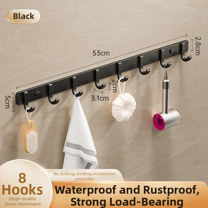 Sieninis lipnus kabykla iš kosminio aliuminio, kelių eilių kabliukų, be gręžimo, apkrova 5–10 kg, šiuolaikinis minimalistinis dizainas.