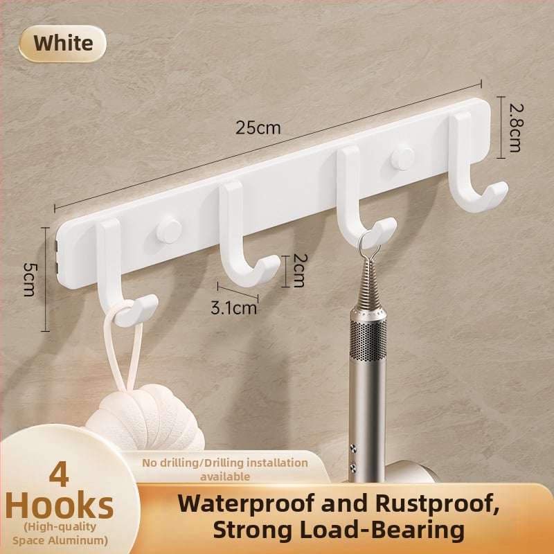 Sieninis lipnus kabykla iš kosminio aliuminio, kelių eilių kabliukų, be gręžimo, apkrova 5–10 kg, šiuolaikinis minimalistinis dizainas.