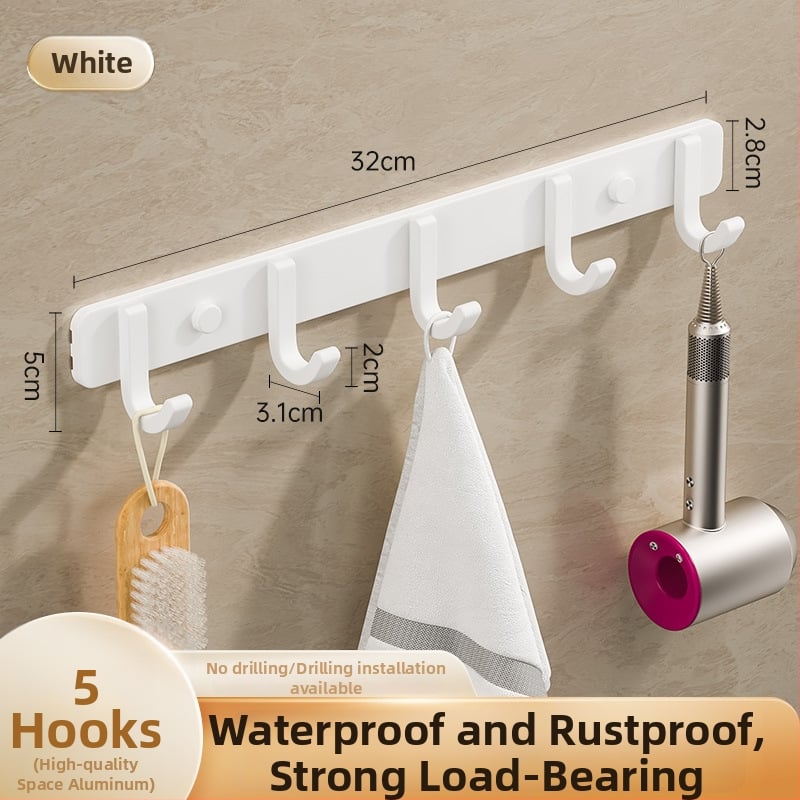 Sieninis lipnus kabykla iš kosminio aliuminio, kelių eilių kabliukų, be gręžimo, apkrova 5–10 kg, šiuolaikinis minimalistinis dizainas.