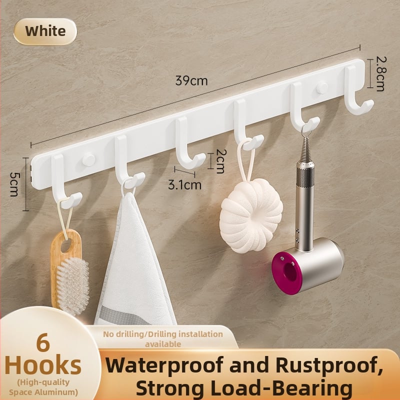 Sieninis lipnus kabykla iš kosminio aliuminio, kelių eilių kabliukų, be gręžimo, apkrova 5–10 kg, šiuolaikinis minimalistinis dizainas.