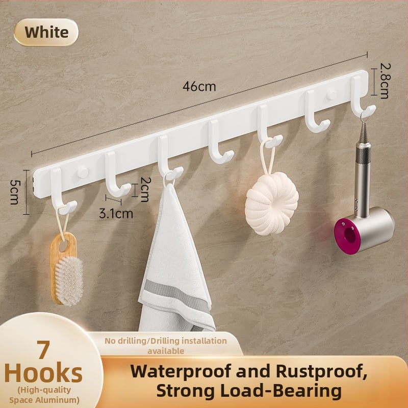 Sieninis lipnus kabykla iš kosminio aliuminio, kelių eilių kabliukų, be gręžimo, apkrova 5–10 kg, šiuolaikinis minimalistinis dizainas.