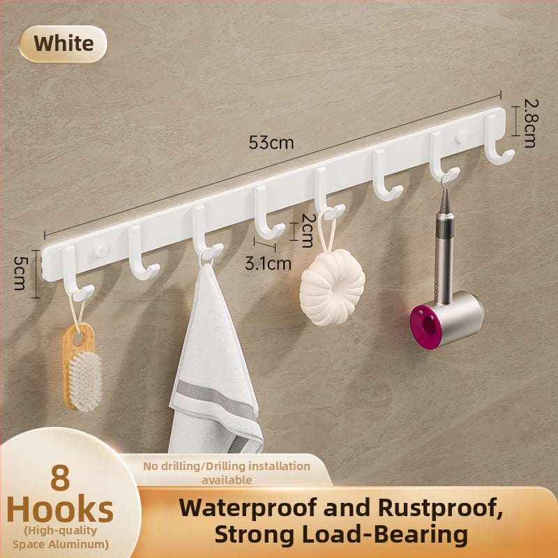 Sieninis lipnus kabykla iš kosminio aliuminio, kelių eilių kabliukų, be gręžimo, apkrova 5–10 kg, šiuolaikinis minimalistinis dizainas.