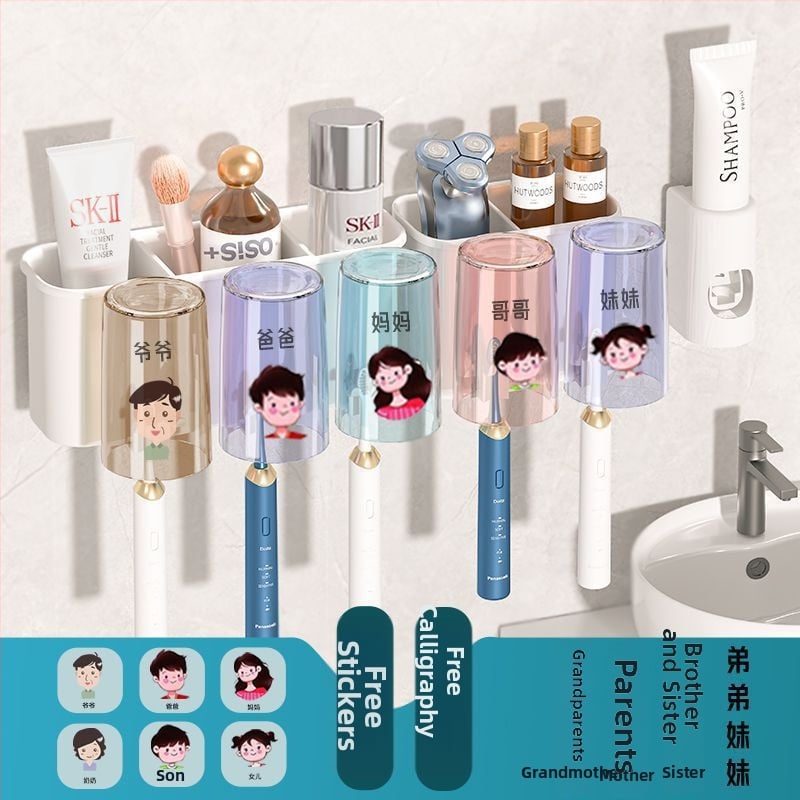 Държател за четки за зъби, метален, стенен монтаж без пробиване, за баня, чаши за изплакване