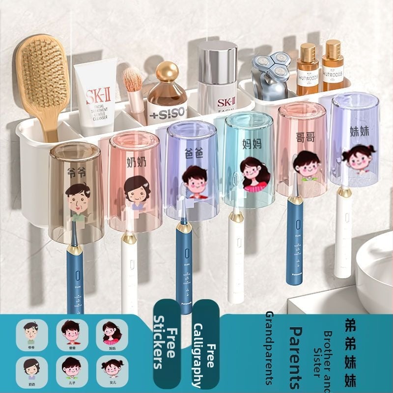 Държател за четки за зъби, метален, стенен монтаж без пробиване, за баня, чаши за изплакване