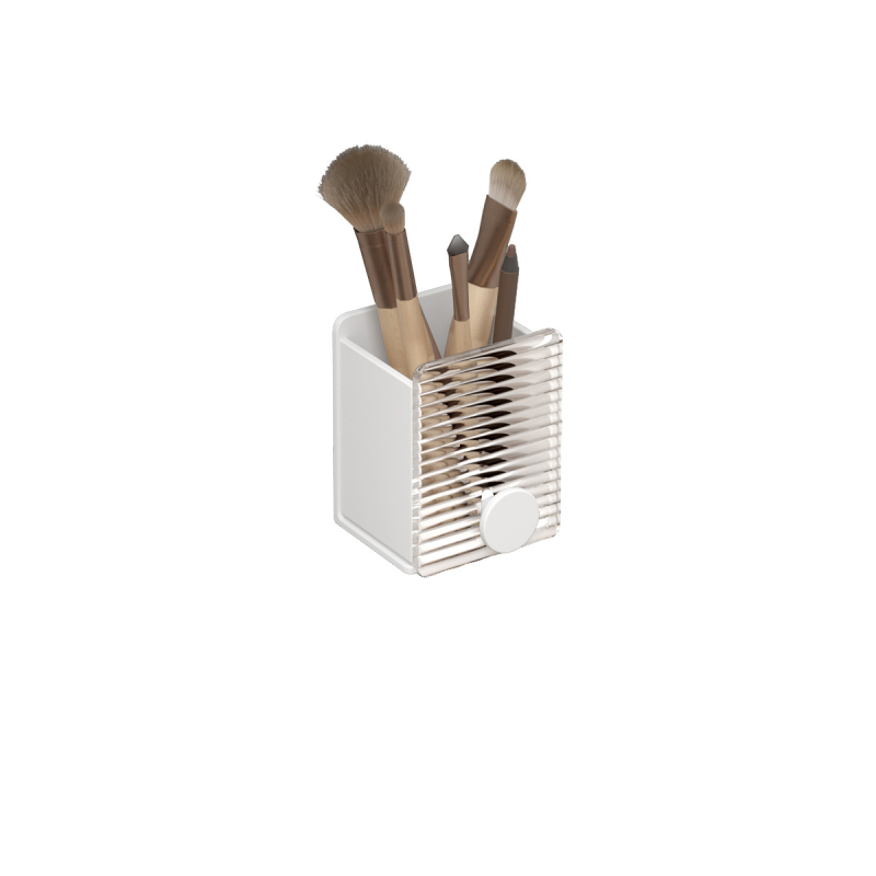 Sieninis laikiklis šepetėliams, dantų pastai ir makiažo šepetėliams – metalinė konstrukcija su aliuminio lydiniu ir akriliu; Modelis: Acrylic makeup stand A; Konfigūracija: vieno arba dviejų vamzdelių; Pritaikymas: Taip; Spausdintas logotipas: Taip