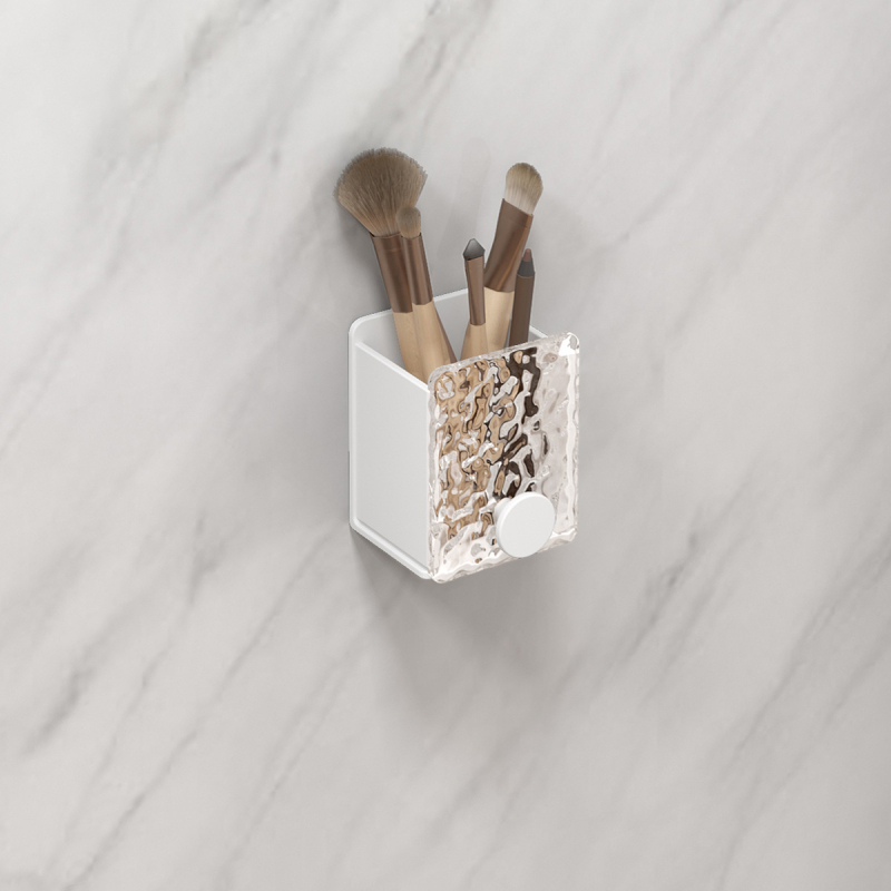 Sieninis laikiklis šepetėliams, dantų pastai ir makiažo šepetėliams – metalinė konstrukcija su aliuminio lydiniu ir akriliu; Modelis: Acrylic makeup stand A; Konfigūracija: vieno arba dviejų vamzdelių; Pritaikymas: Taip; Spausdintas logotipas: Taip