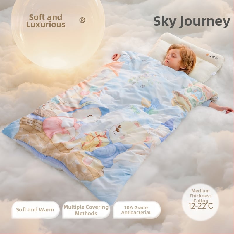 Betides gyerekeknek szóló alvózsák anti-kick takaróval, vastag és meleg, külső anyag 100% poliészter, bélés 100% pamut, töltet 79% poliészter 21% viszkóz, stílus: rajzfilm.