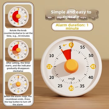 Csendes vizuális időzítő gyerekeknek — mechanikus működés, kerek műanyag ház, elemes működés, mutató kijelző