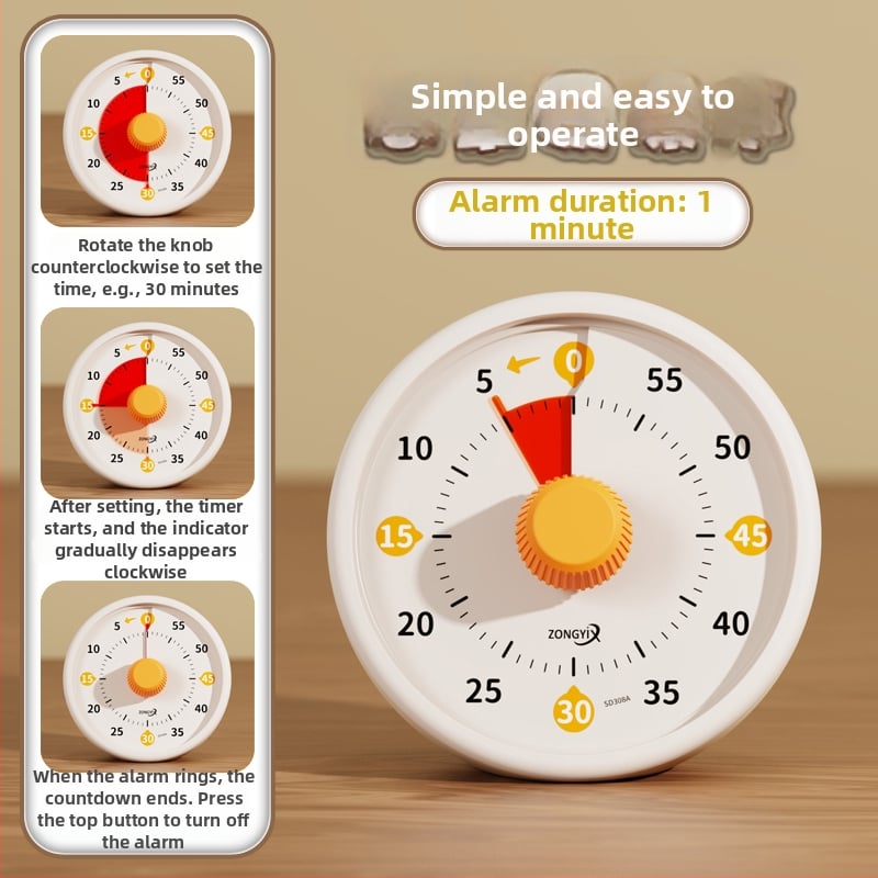 Csendes vizuális időzítő gyerekeknek — mechanikus működés, kerek műanyag ház, elemes működés, mutató kijelző