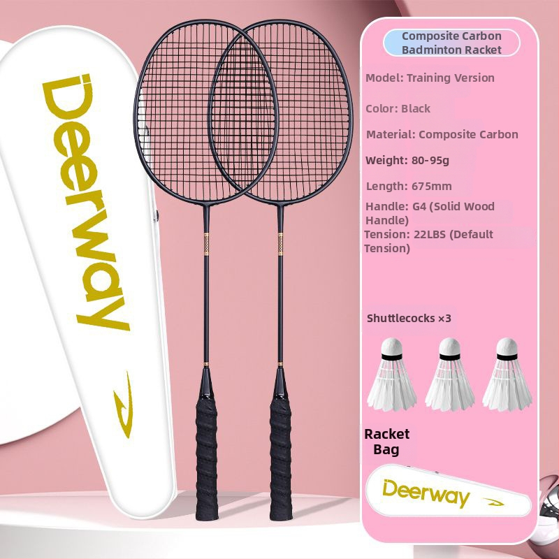 Delhui badminton raketės rinkinys – 2 raketės, svoris 75–79 g, rėmo medžiaga geležies lydinys, rankenos storis G4, tiesi raketė, įtraukta 3 kamuoliukai