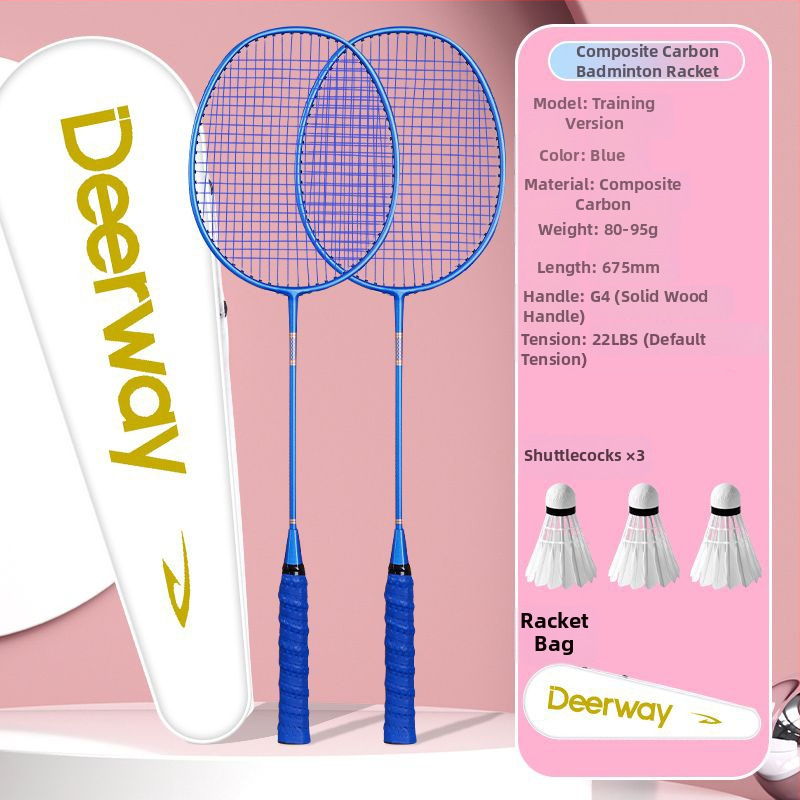 Delhui badminton raketės rinkinys – 2 raketės, svoris 75–79 g, rėmo medžiaga geležies lydinys, rankenos storis G4, tiesi raketė, įtraukta 3 kamuoliukai