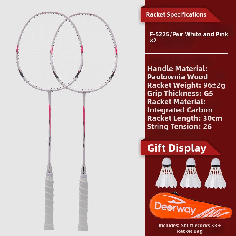 Delhui badminton raketės rinkinys – 2 raketės, svoris 75–79 g, rėmo medžiaga geležies lydinys, rankenos storis G4, tiesi raketė, įtraukta 3 kamuoliukai