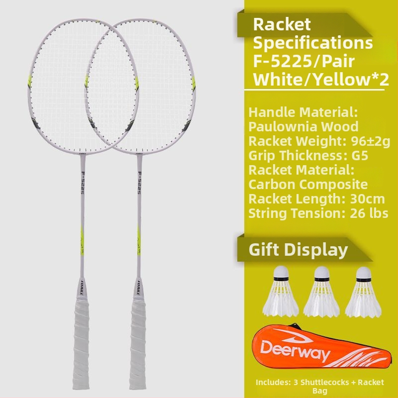 Delhui badminton raketės rinkinys – 2 raketės, svoris 75–79 g, rėmo medžiaga geležies lydinys, rankenos storis G4, tiesi raketė, įtraukta 3 kamuoliukai