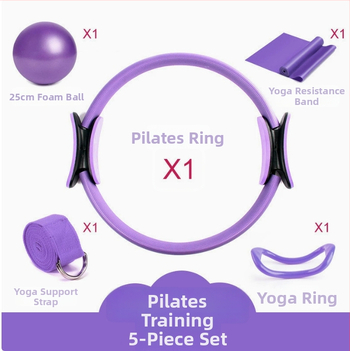 Rujia Pilates žiedas – penkių dalių rinkinys su pripučiamu jogos kamuoliu ir tempimo juostomis, PVC, 100 g