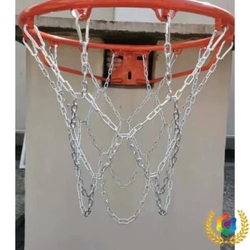 Krepšinio skersinio tinklas – sustiprinta ir pailginta konstrukcija, nerūdijančio plieno tinklas ir galvanizuota geležies grandinė, 12 kablių
