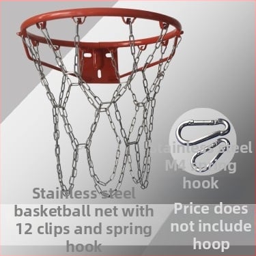 Krepšinio skersinio tinklas – sustiprinta ir pailginta konstrukcija, nerūdijančio plieno tinklas ir galvanizuota geležies grandinė, 12 kablių