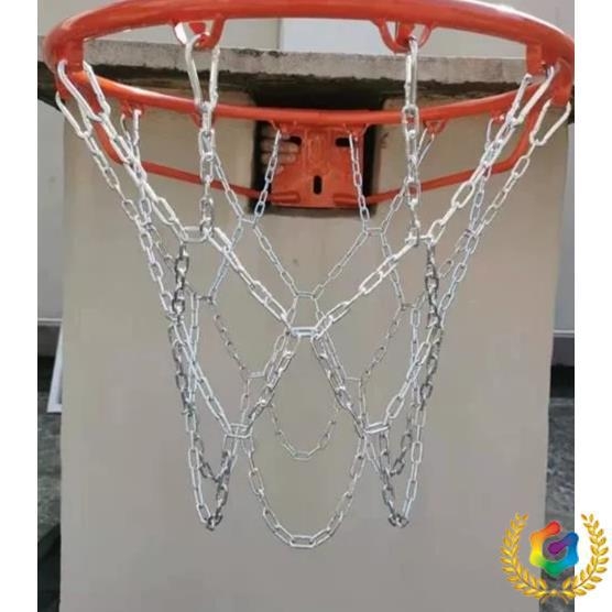 Krepšinio skersinio tinklas – sustiprinta ir pailginta konstrukcija, nerūdijančio plieno tinklas ir galvanizuota geležies grandinė, 12 kablių