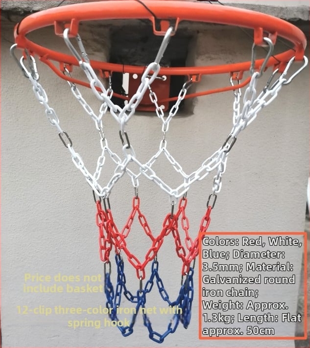 Krepšinio skersinio tinklas – sustiprinta ir pailginta konstrukcija, nerūdijančio plieno tinklas ir galvanizuota geležies grandinė, 12 kablių