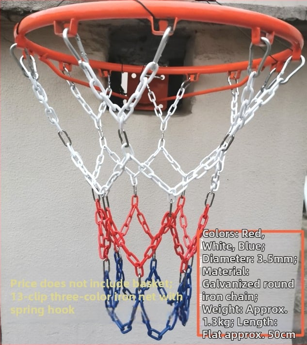 Krepšinio skersinio tinklas – sustiprinta ir pailginta konstrukcija, nerūdijančio plieno tinklas ir galvanizuota geležies grandinė, 12 kablių