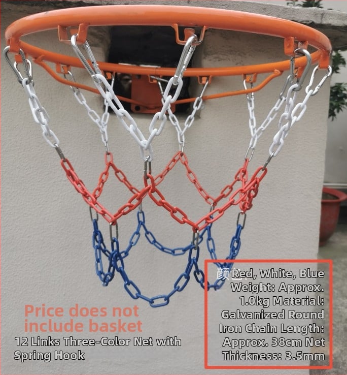 Krepšinio skersinio tinklas – sustiprinta ir pailginta konstrukcija, nerūdijančio plieno tinklas ir galvanizuota geležies grandinė, 12 kablių
