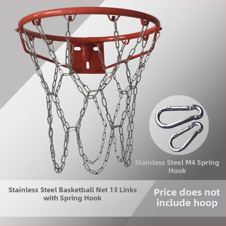 Krepšinio skersinio tinklas – sustiprinta ir pailginta konstrukcija, nerūdijančio plieno tinklas ir galvanizuota geležies grandinė, 12 kablių