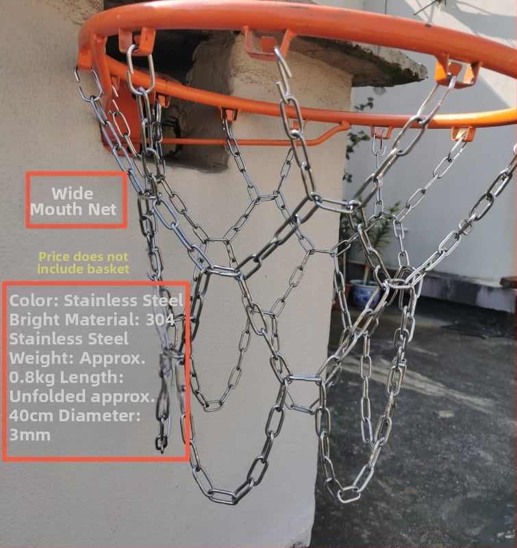 Krepšinio skersinio tinklas – sustiprinta ir pailginta konstrukcija, nerūdijančio plieno tinklas ir galvanizuota geležies grandinė, 12 kablių