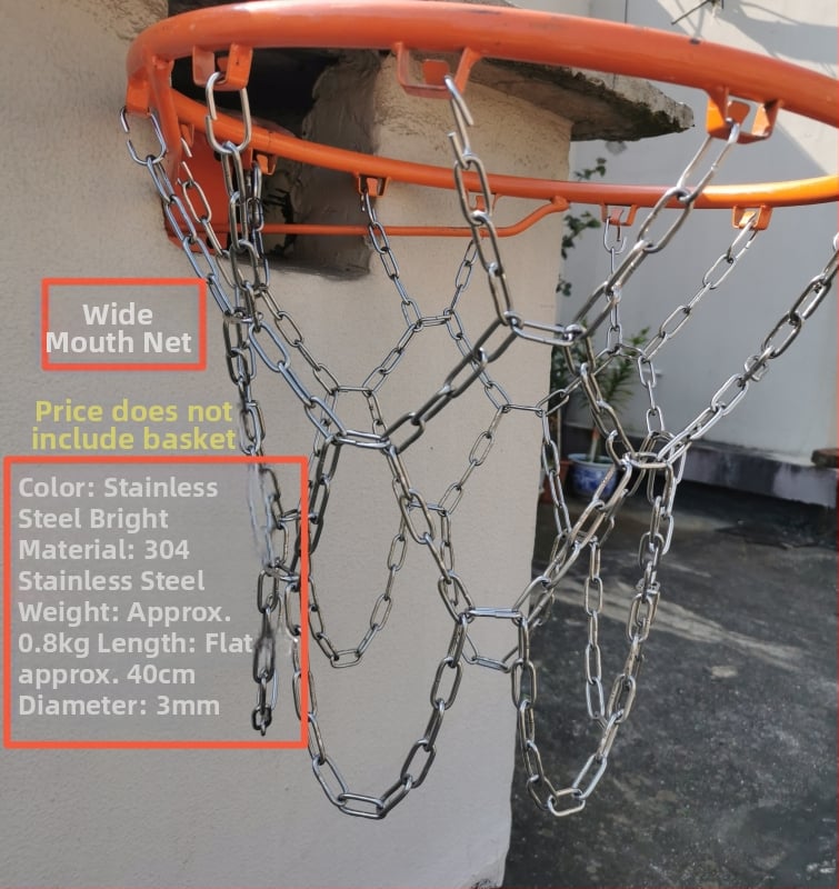 Krepšinio skersinio tinklas – sustiprinta ir pailginta konstrukcija, nerūdijančio plieno tinklas ir galvanizuota geležies grandinė, 12 kablių