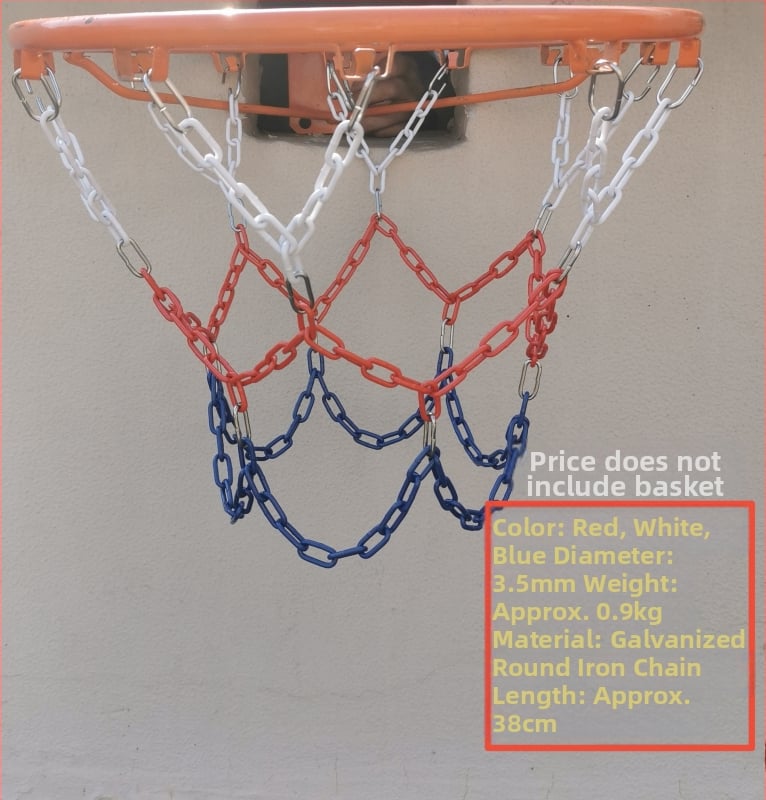Krepšinio skersinio tinklas – sustiprinta ir pailginta konstrukcija, nerūdijančio plieno tinklas ir galvanizuota geležies grandinė, 12 kablių