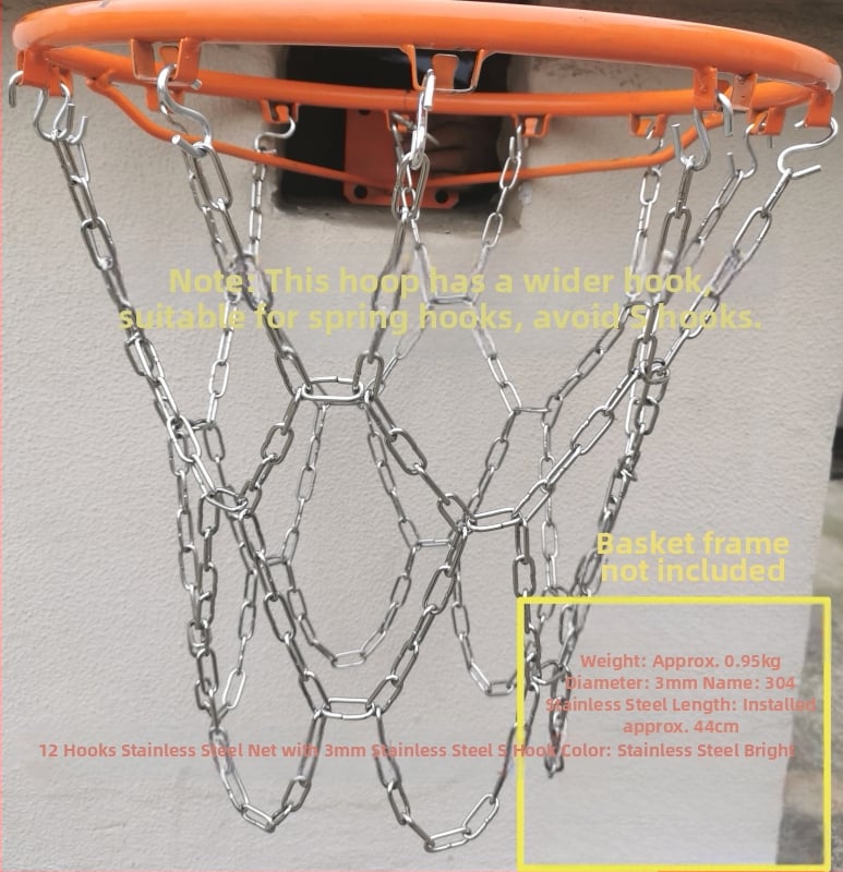 Krepšinio skersinio tinklas – sustiprinta ir pailginta konstrukcija, nerūdijančio plieno tinklas ir galvanizuota geležies grandinė, 12 kablių