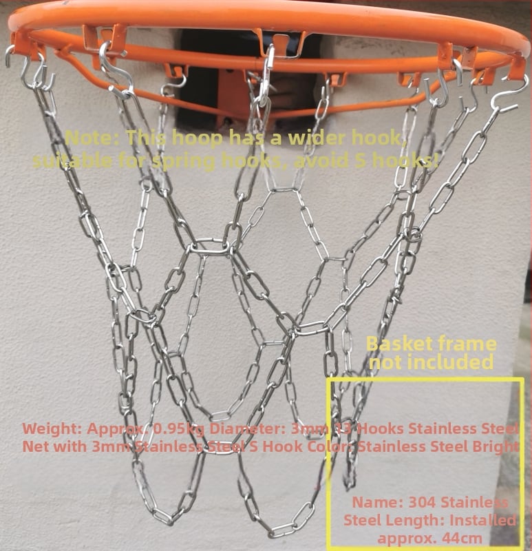 Krepšinio skersinio tinklas – sustiprinta ir pailginta konstrukcija, nerūdijančio plieno tinklas ir galvanizuota geležies grandinė, 12 kablių