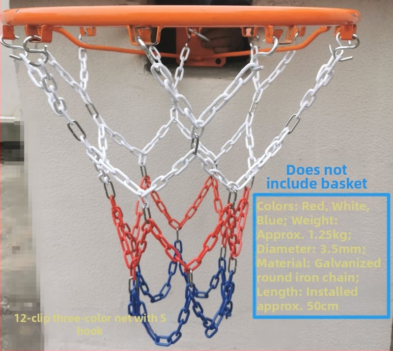 Krepšinio skersinio tinklas – sustiprinta ir pailginta konstrukcija, nerūdijančio plieno tinklas ir galvanizuota geležies grandinė, 12 kablių