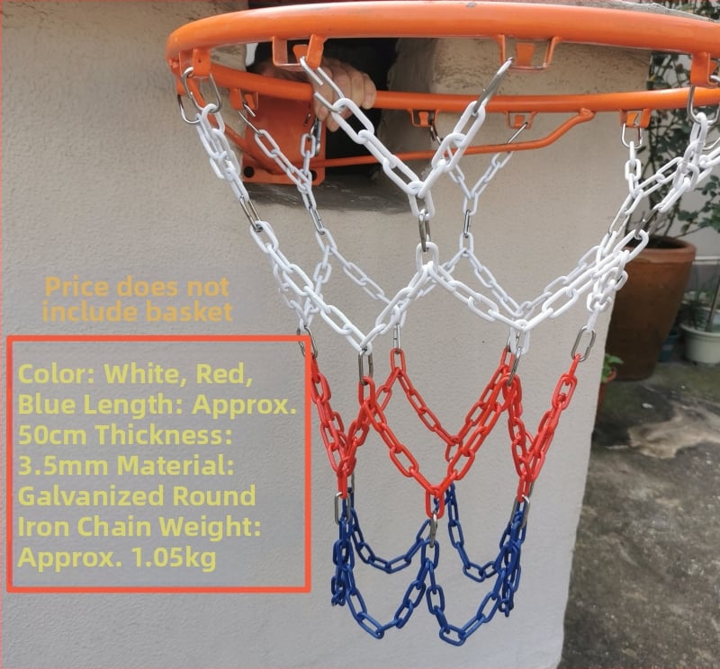 Krepšinio skersinio tinklas – sustiprinta ir pailginta konstrukcija, nerūdijančio plieno tinklas ir galvanizuota geležies grandinė, 12 kablių
