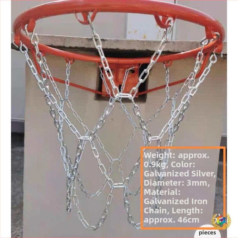 Krepšinio skersinio tinklas – sustiprinta ir pailginta konstrukcija, nerūdijančio plieno tinklas ir galvanizuota geležies grandinė, 12 kablių
