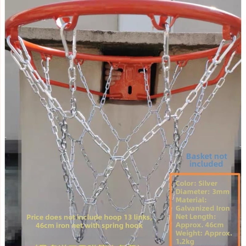 Krepšinio skersinio tinklas – sustiprinta ir pailginta konstrukcija, nerūdijančio plieno tinklas ir galvanizuota geležies grandinė, 12 kablių