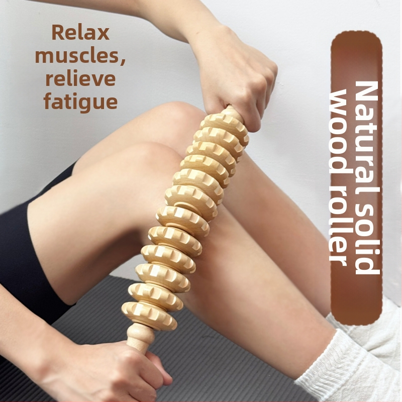 Medinė masažo lazdelė jogai ir pilvo masažai su devyniais ir dvylika ratukų (svoris 221,7 g)