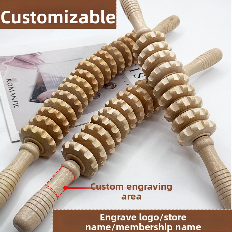 Масажна пръчка от твърдо дърво за йога и масаж на корема, девет и дванадесет колела (тегло 221.7 g)