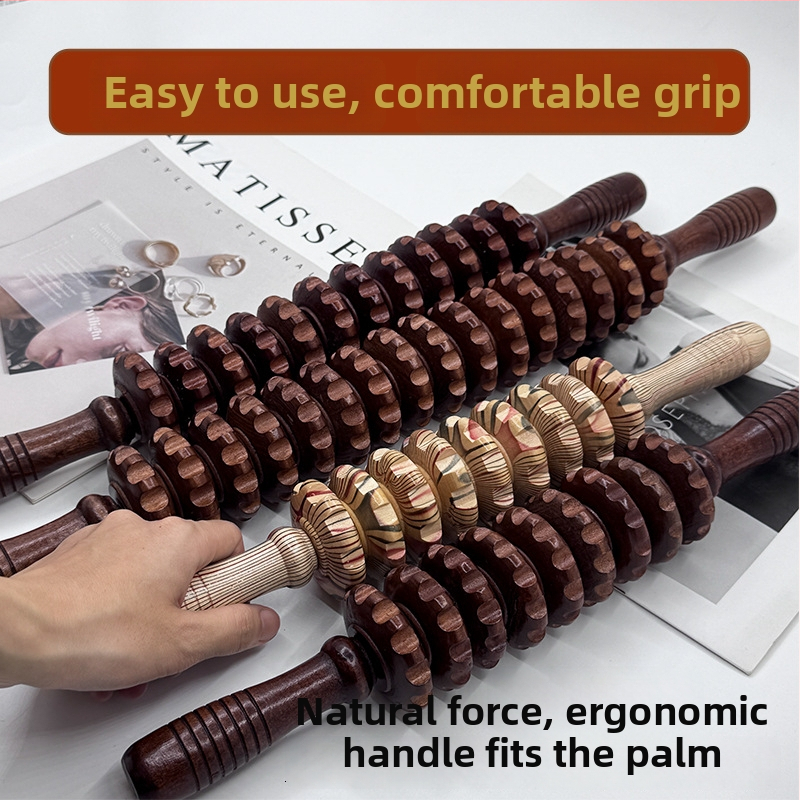 Масажна пръчка от твърдо дърво за йога и масаж на корема, девет и дванадесет колела (тегло 221.7 g)