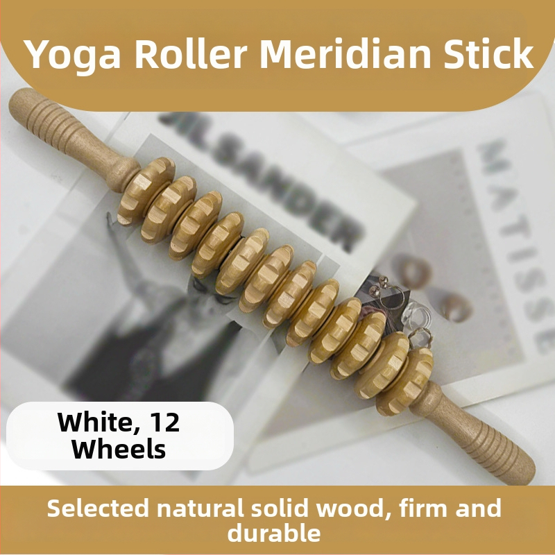 Medinė masažo lazdelė jogai ir pilvo masažai su devyniais ir dvylika ratukų (svoris 221,7 g)