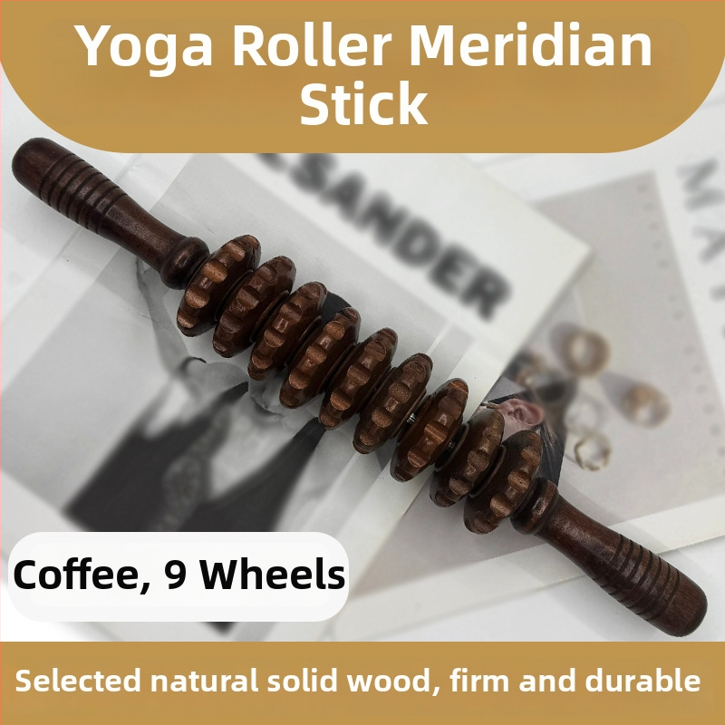 Medinė masažo lazdelė jogai ir pilvo masažai su devyniais ir dvylika ratukų (svoris 221,7 g)
